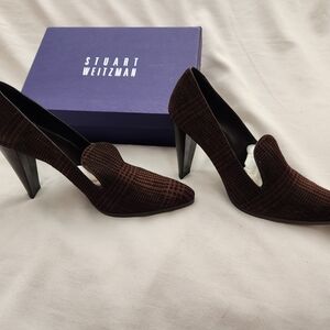 Stuart Weitzman Brown & Black Plaid Suede Heels Size 11M Worn Once Orig $395